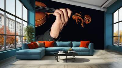 Violin music instrument violinist. Classical player hands. Details of violin playing isolated on black Wall mural