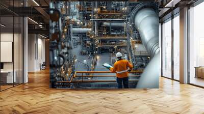 Oil refinery during maintenance shutdown with workers inspecting machinery. Wall mural