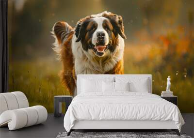 old St. Bernard dog is running training a field of grass Wall mural