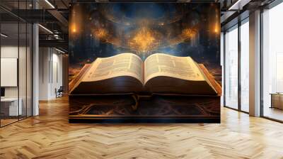 open golden bible glow with divine light Wall mural