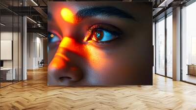 Optometry medical eye examination and consultation for vision and healthcare with a black woman Glaucoma assessment and innovation with laser and light technology for scanning and ophthalmo Wall mural