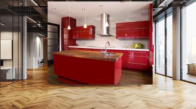 red modern kitchen with island Wall mural