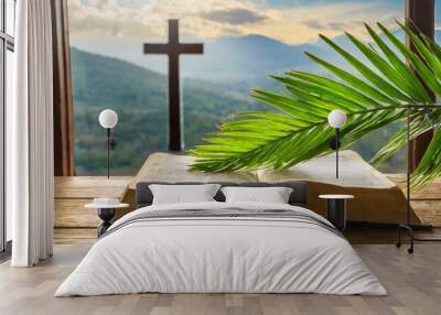 Palm Sunday. The Green Palm Laying On The Bible And Cross Wall mural