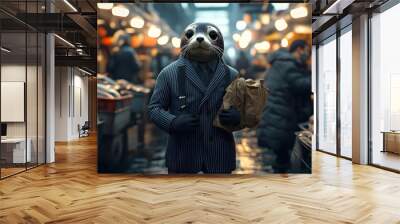 Photorealistic seal in pinstripe suit walking through fish market. Wall mural