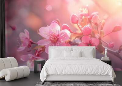 Pink spring blossoming branch wide background Wall mural