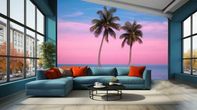 pink tropical palm trees and sea on sunset background. summer concept, vacation or summer vacation concept Wall mural