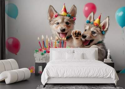 Playful wolf pups in funky costumes pouncing on a birthday cake. Wall mural