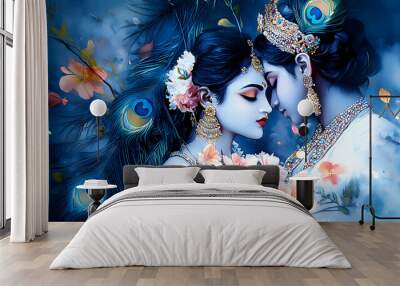 Radha Krishna love divine couple peacock feather blue watercolor painting romantic spirituality hinduism god goddess floral religious tradition art culture devotion faith Wall mural