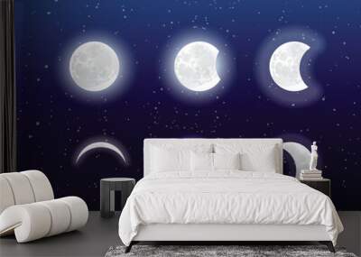 Realistic moon vector at different stages in the night sky. Wall mural