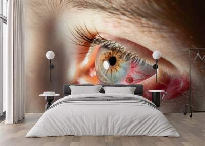 red eye of a patient with human conjunctivitis, ill allergic eyes in babies, children Wall mural