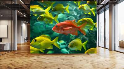 red fish and yellow fish in school of green fish Wall mural