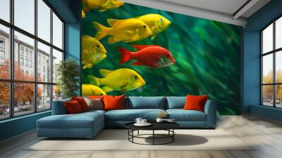 red fish and yellow fish in school of green fish Wall mural