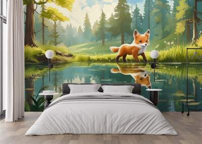 red fox in the lake Wall mural