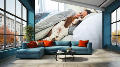 Girl and dog sleeping together comfortably and cuddled in bed in the morning. In bed with best friend brown and white basset hound dog with happy face to wake up next to your pet Wall mural