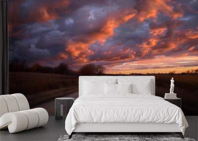 Rural road with dramatic clouds in Southern Michigan Wall mural