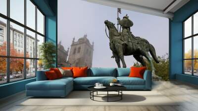 Statue of a medieval warrior (knight ) on his horse in the foreground and cathedral in the background. Knight Vímara Peres and Porto Cathedral. Foggy day. Wall mural