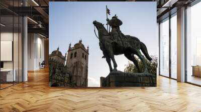 Warrior statue and cathedral of Porto in the background. Vímara Peres warrior. Blue sky. Porto Wall mural