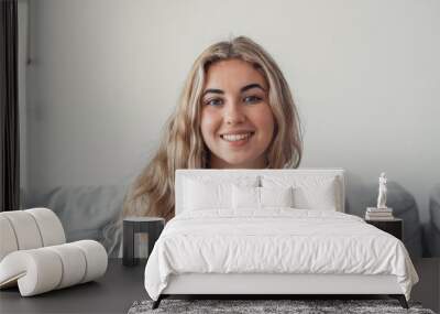 Screen view of happy millennial Hispanic woman look at camera have webcam online digital conference. Portrait of smiling young female speak talk on video call at home. Virtual event concept.. Wall mural