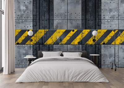 Seamless concrete or galvanized metal wall or floor panel background texture. Tileable silver grey with black and yellow warning stripe scifi spaceship runway or docking bay pattern. 3D rendering.. Wall mural