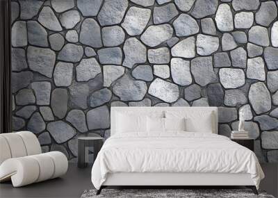 Seamless gray cobblestone wall or road background texture. Tileable grungy natural rock and stone shaped path or walkway repeat surface pattern. A high resolution construction backdrop 3D rendering. Wall mural