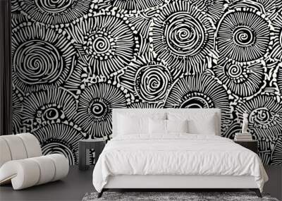 Seamless hand drawn geometric concentric circles pattern. Abstract barnacle or coral sea life motif white stripes on black background. Woodcut sun burst texture in a trendy doodle line art style. Wall mural