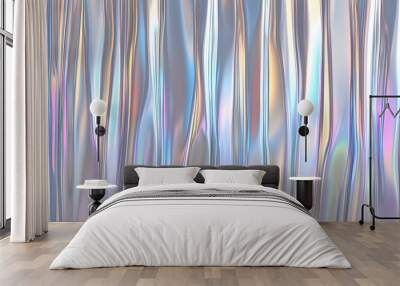 Seamless iridescent silver holographic chrome foil vaporwave background texture pattern. Trendy pearlescent pastel rainbow prism effect. Corrugated ribbed privacy glass refraction 3D rendering.. Wall mural