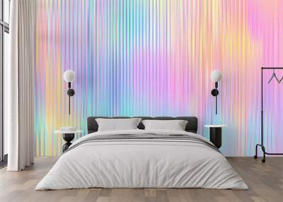 Seamless trendy iridescent rainbow corrugated ribbed glass background texture. Soft pastel holographic frosted window refraction pattern. Modern blurry pearlescent unicorn foil abstract 3D rendering. Wall mural