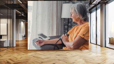 Senior elder woman measure high low blood pressure test holding using medical digital electronic meter sit on sofa at home, heart disease atherosclerosis prevention, hypotension hypertension concept. Wall mural