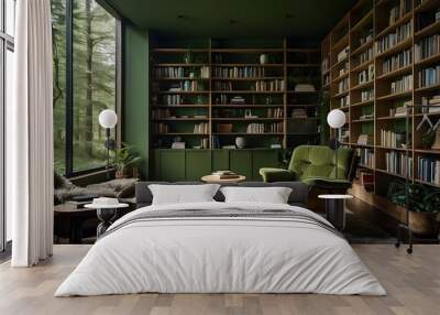 Serene forest inspired reading room with wooden bookshelves, green moss style walls, green furniture and large windows overlooking a forest. Wall mural