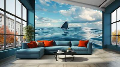 shark fin on surface of ocean agains blue cloudy sky Wall mural