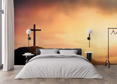 Shining cross on Calvary hill, sunrise, sunset sky background. Copy space. Ascension day concept. Christian Easter. Faith in Jesus Christ. Christianity. Church worship, salvation concept. Wall mural