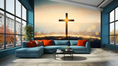 Silhouette of christian cross, lights, bokeh on black background. Copy space. Faith symbol. Church worship, salvation concept. Faith symbol in Jesus Christ. Holy cross for Easter day. Christianity Wall mural