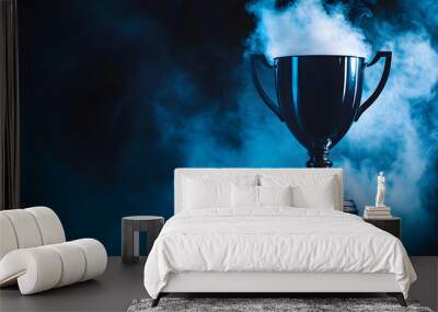 Silver Trophy award competition with smoke in the dark , Blue Tone Wall mural