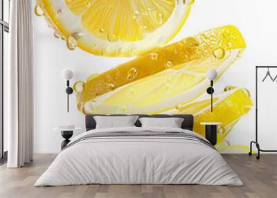 Sliced lemon citrus fruit with water drops isolated on transparent background. Full depth of field. Wall mural