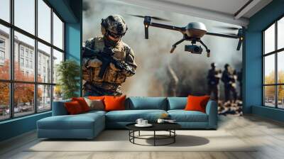 Soldier UAV operator launches army drone with bomb to drop into enemy fortifications and trenches. Concept using military robots in modern warfare Wall mural