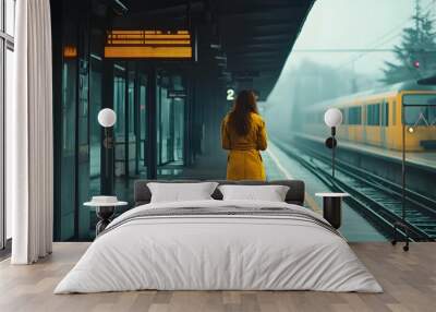 solitary woman in bright yellow coat waiting on empty train platform vintageinspired scene with soft focus and muted background colors Wall mural