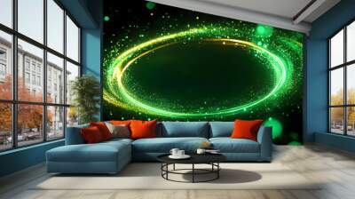 Sparkles and neon glow on a textured abstract background. Circle frame of shiny swirls with green sparks and blur. Wall mural