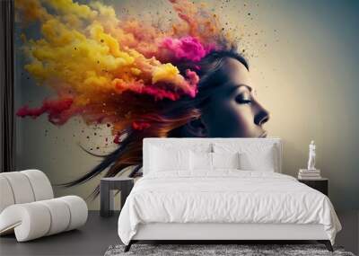 Splash of vibrant colors out of woman's head, abstract portrait representing exploding creativity and ideas Wall mural