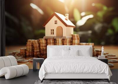 stack of gold house on the table, money and coins. mortgage, real loan concept Wall mural