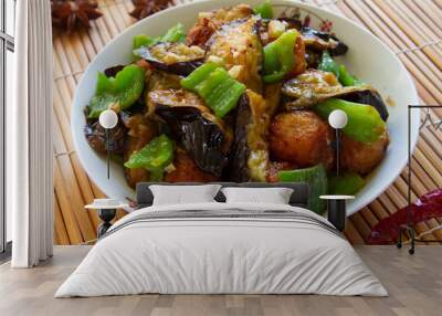 Stir-fried Eggplant, Potatoes & Peppers close up. Chinese food. Di san xian. Wall mural