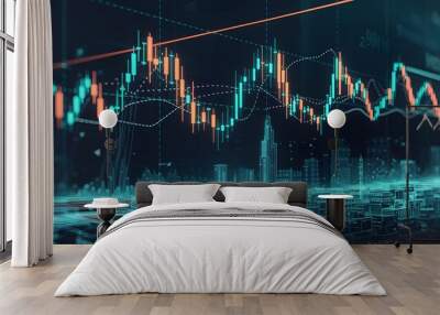 Stock Market Graph with City Skyline Wall mural