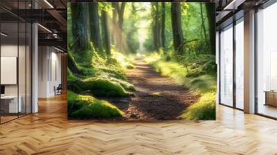 Sunlit forest path lined with trees covered in lush green moss. Wall mural