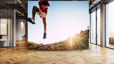 teenager running alone at the mountain with sunset - man jogging - positive vibes - jumping Wall mural