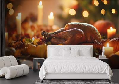 thanksgiving day with harvest and turkey candle light dinner background Wall mural