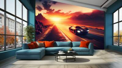 The car drives along the highway at sunset. Generative AI Wall mural