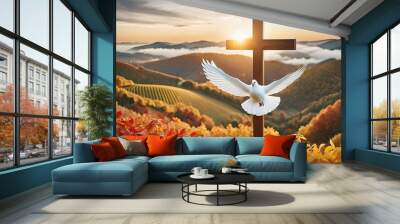 The Cross In The Mountains Besides By A White Dove - Symbol of Holy Spirit.  Wall mural