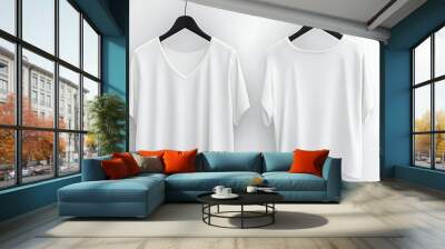 The front and back of a mock-up of a white V-neck shirt on a wooden hanger. Wall mural