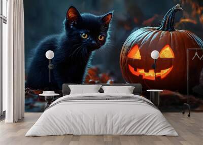 The haunting and eerie Halloween pumpkin with the black kitten zombie in an atmospheric dark setting Wall mural