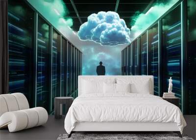 The image above shows a hybrid cloud integration architecture within a data center concept with seamless integration between on-premises infrastructure, AI, and the cloud Wall mural