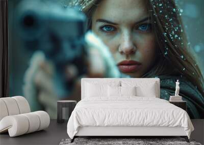 The killer woman with the gun in her hand Wall mural